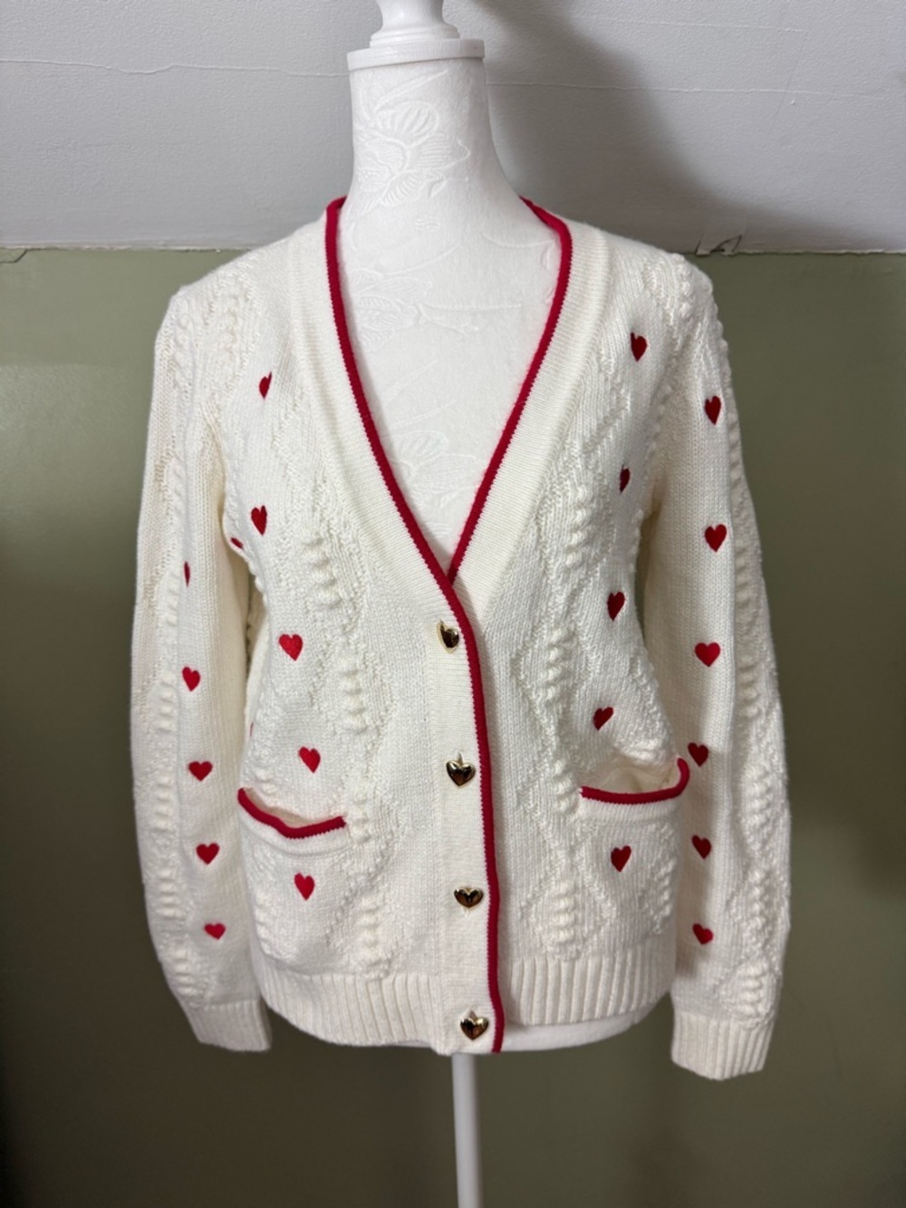 Talbots Argyle Stitch V-Neck Heart Cardigan